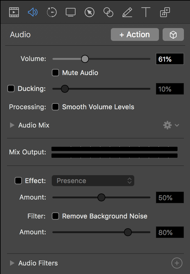 Screenshot of audio controls in Screenflow