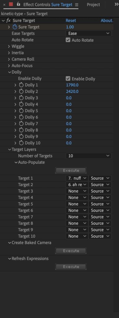 Closeup of SureTarget plugin effect controls in After Effects.